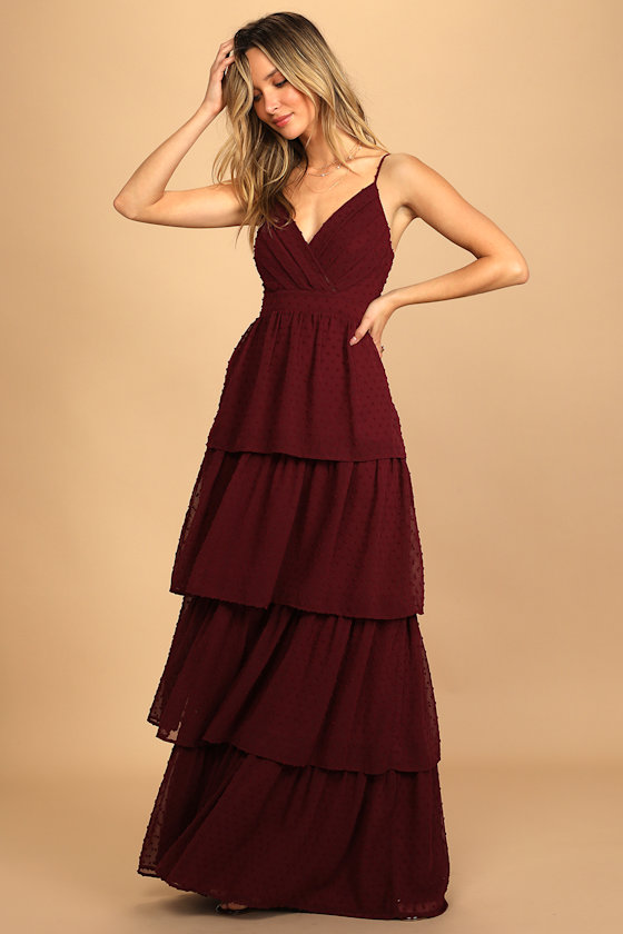 Love Stays True Burgundy Swiss Dot Tiered Maxi Dress 4