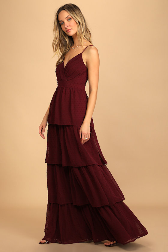 Love Stays True Burgundy Swiss Dot Tiered Maxi Dress 5