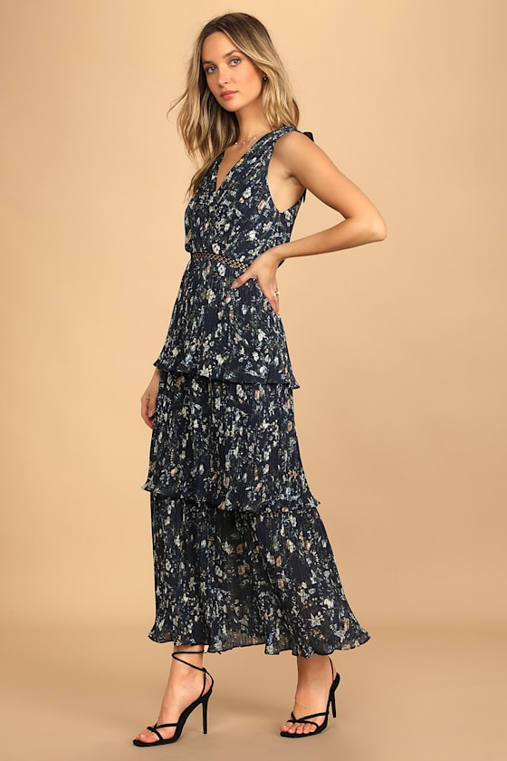 Such Sophistication Navy Blue Floral Print Pleated Maxi Dress 5