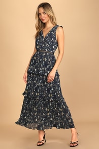 Such Sophistication Navy Blue Floral Print Pleated Maxi Dress