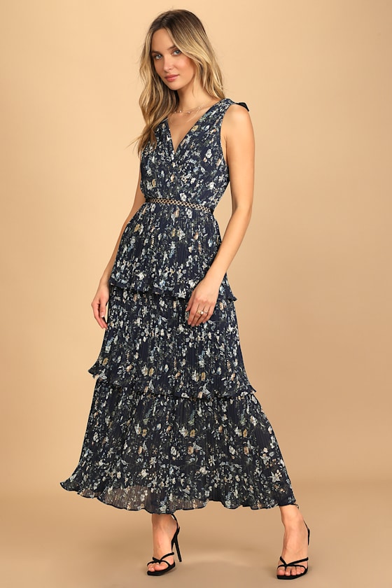 Navy Blue Floral Print Dress - Tiered Maxi Dress - Pleated Dress - Lulus
