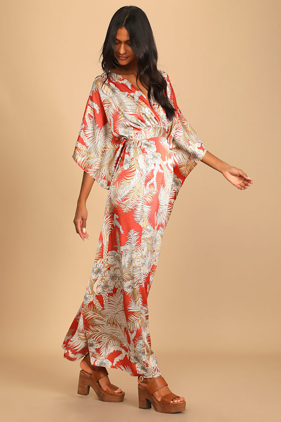 Orange Maxi Dress - Tropical Print 
