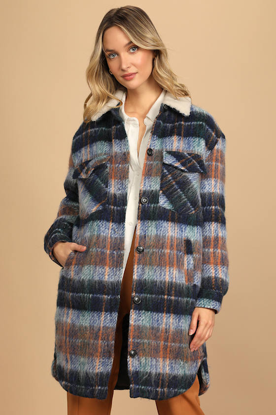 Plain Sailing Blue Multi Plaid Brushed Long Shacket 3
