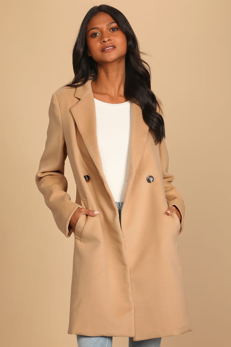 Tan Coat - Long Double-Breasted Coat - Double-Breasted Long Coat