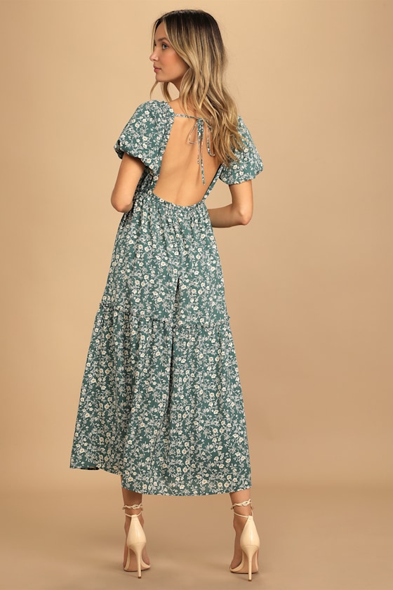 Always In Love Teal Floral Print Puff Sleeve Midi Dress 1