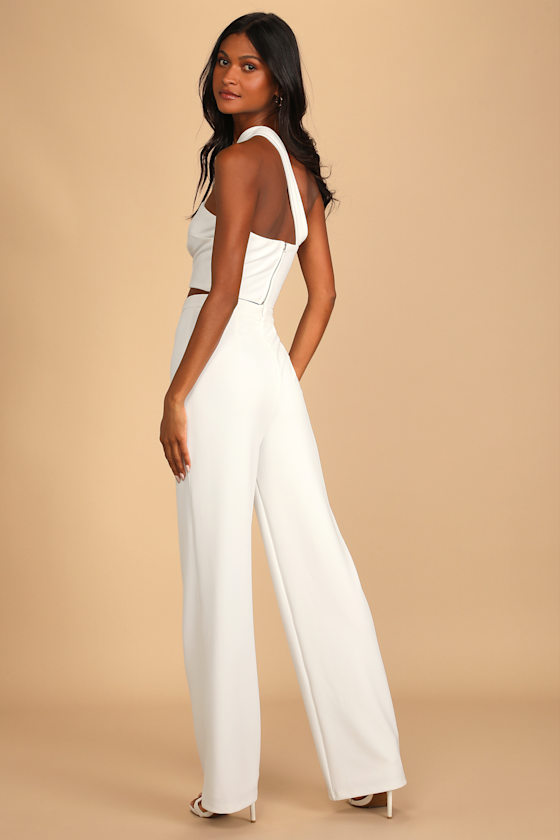 White Two-Piece Jumpsuit - One-Shoulder Jumpsuit - Crepe Jumpsuit - Image 5