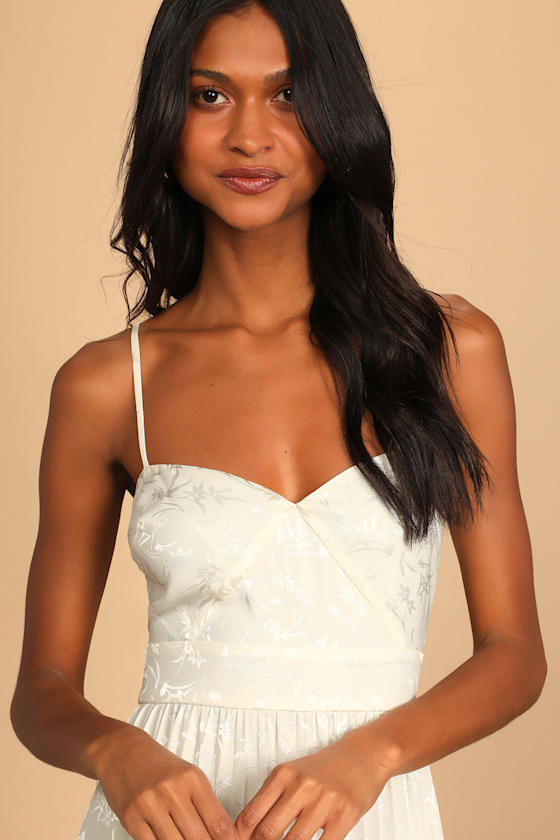 Regal Romance Ivory Floral Jacquard Pleated Satin Midi Dress 3