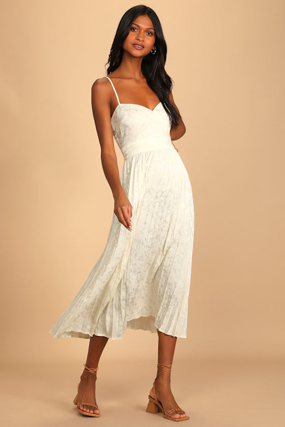 Regal Romance Ivory Floral Jacquard Pleated Satin Midi Dress 6