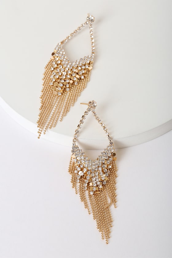 Chandelier Dreams Gold Rhinestone Fringe Earrings 2