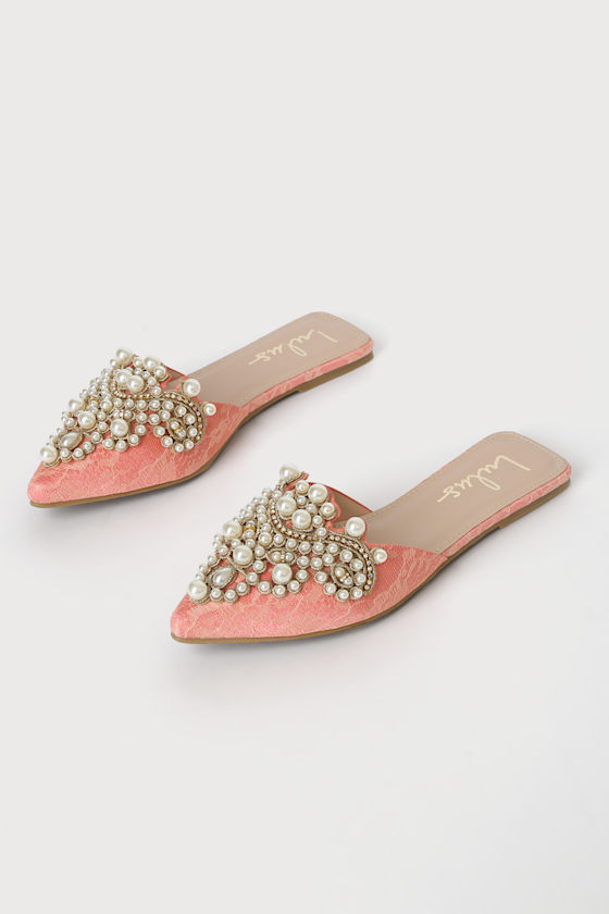 Flora Pink Lace Pearl Embroidered Pointed-Toe Flats 3