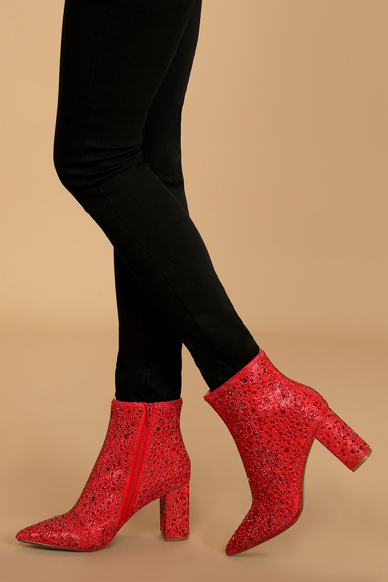 Red Bootie Heels with Rhinestones 