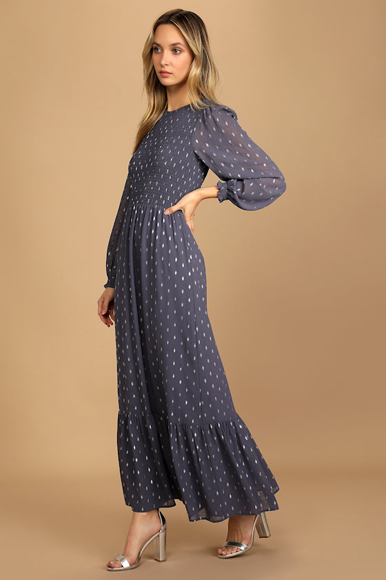 Blue and Silver Dotted Dress - Smocked Dress - Long Sleeve Dress - Lulus Blue and Silver Dotted Dress - Smocked Dress - Long Sleeve Dress - Lulus