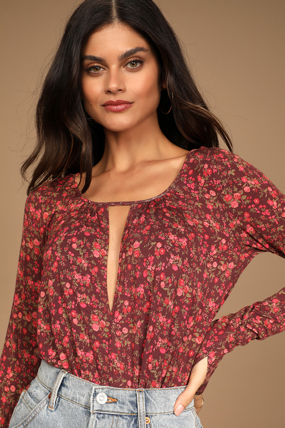 Free People Kaya Printed Bodysuit - Floral Print Long Sleeve Top