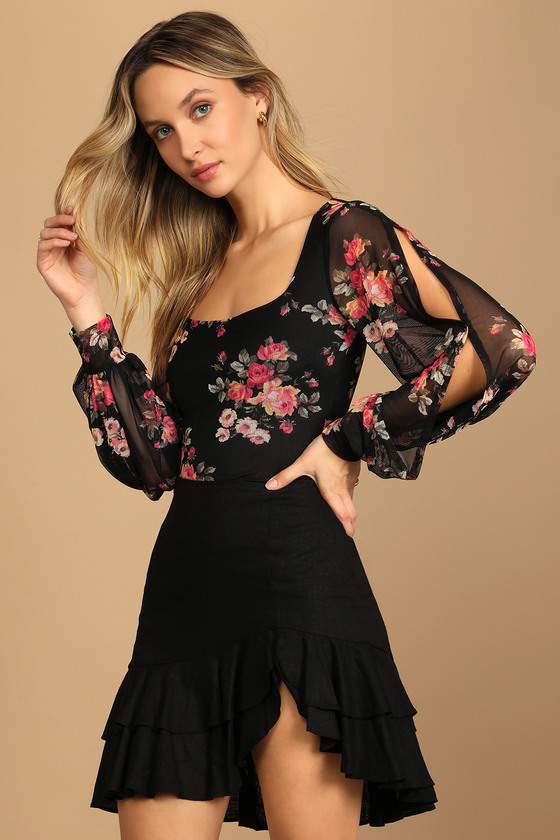 Feel the Blooms Black Floral Print Mesh Long Sleeve Bodysuit 1