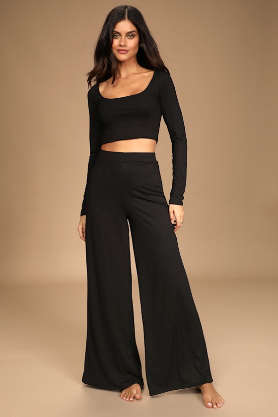 Let's Unwind Black Ribbed Wide-Leg Pants 4