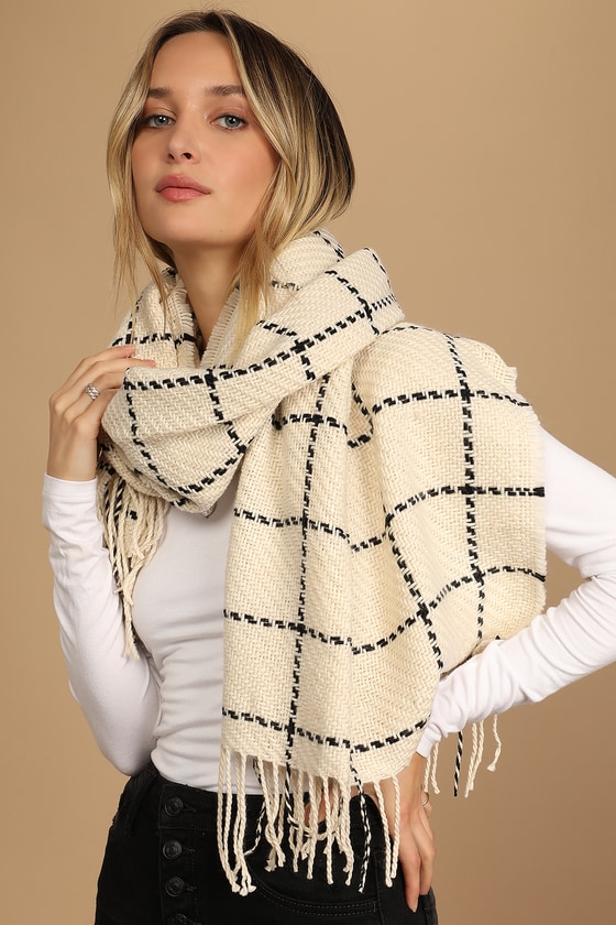 Cozy Afternoon Beige and Black Plaid Knit Scarf
