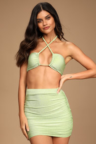 Shine Like the Sun Green Glitter Ruched Swim Cover-Up Skirt