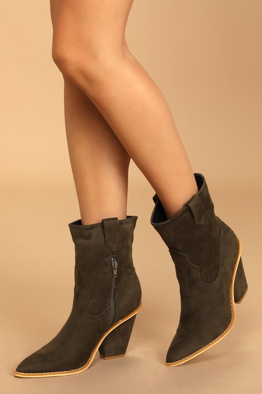 Ponyy Olive Suede Pointed-Toe Mid-Calf Booties