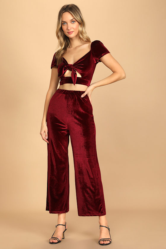 Luxurious Style Burgundy Velvet Tie-Front Two-Piece Jumpsuit 10