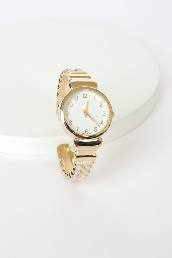 Time To Be Chic Gold and Pearl Cuff Watch 3