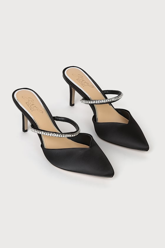 Jan Black Satin Rhinestone Pointed-Toe Mule Pumps 2