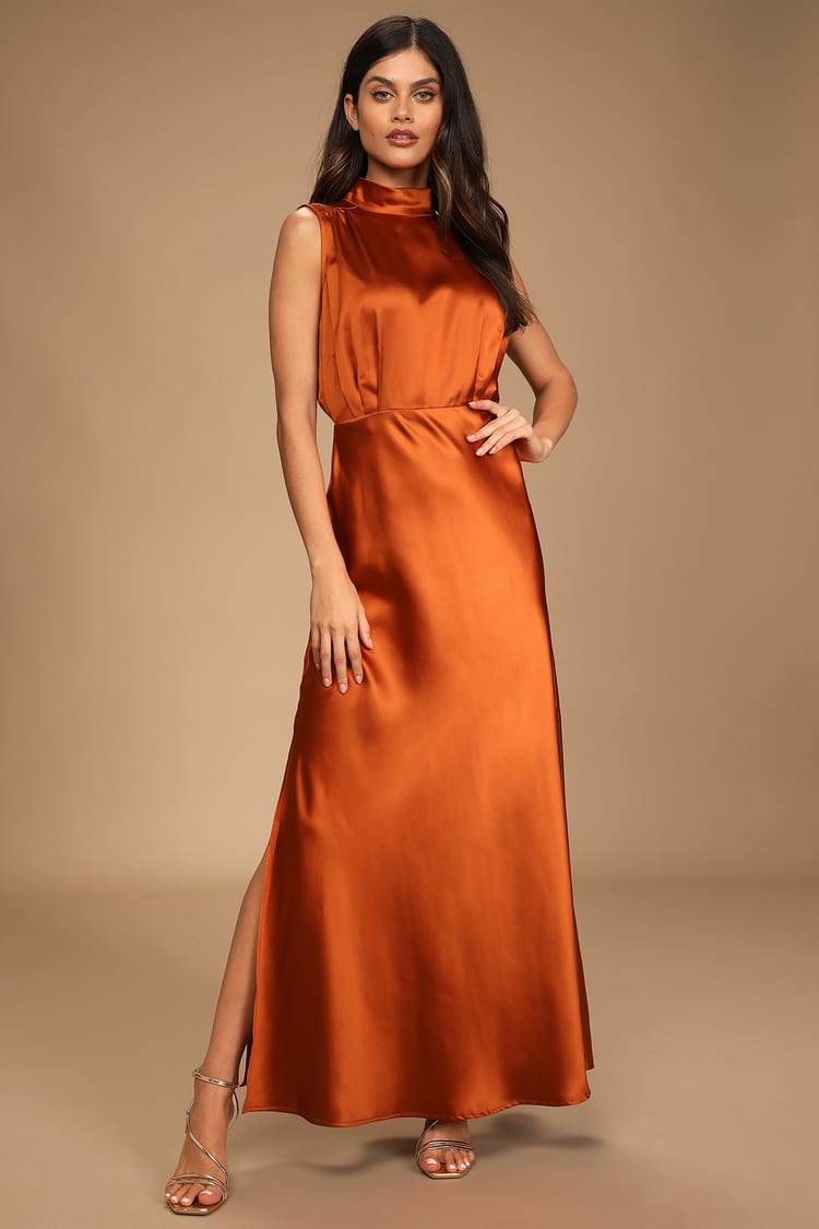 Copper Satin Dress - Mock Neck Maxi Dress - Sleeveless Dress - Lulus