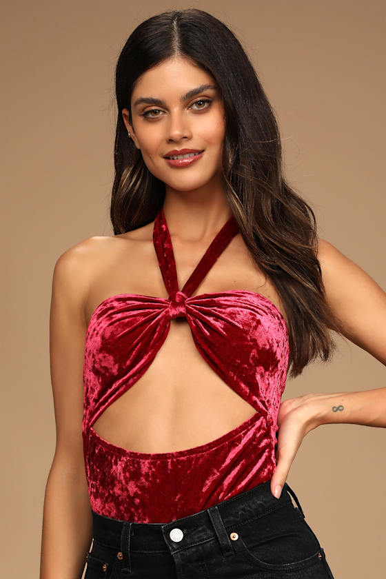 Neon Crushed Velvet High Cut Halter Bodysuit in Coral