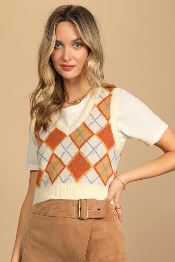Ivory Argyle Sweater Vest VNeck Sweater Vest Sweater Top Lulus