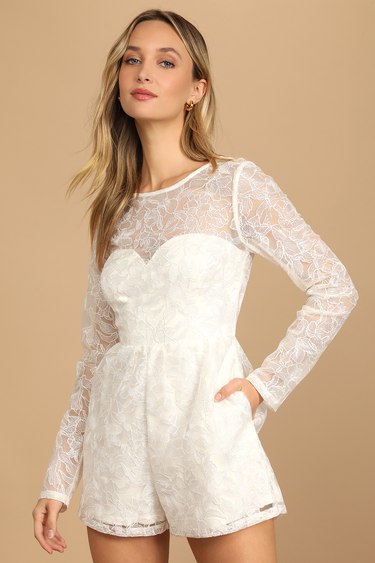 My Clarity Ivory Mesh Floral Embroidered Romper