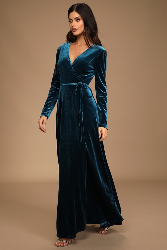 Jacinda Teal Blue Velvet Wrap Maxi Dress