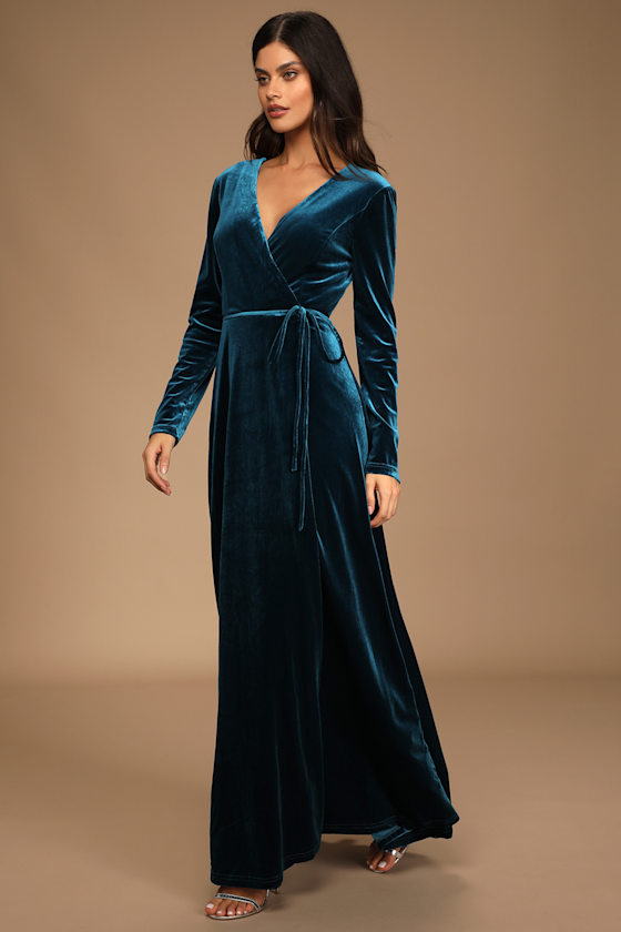 Jacinda Teal Blue Velvet Wrap Maxi Dress 6