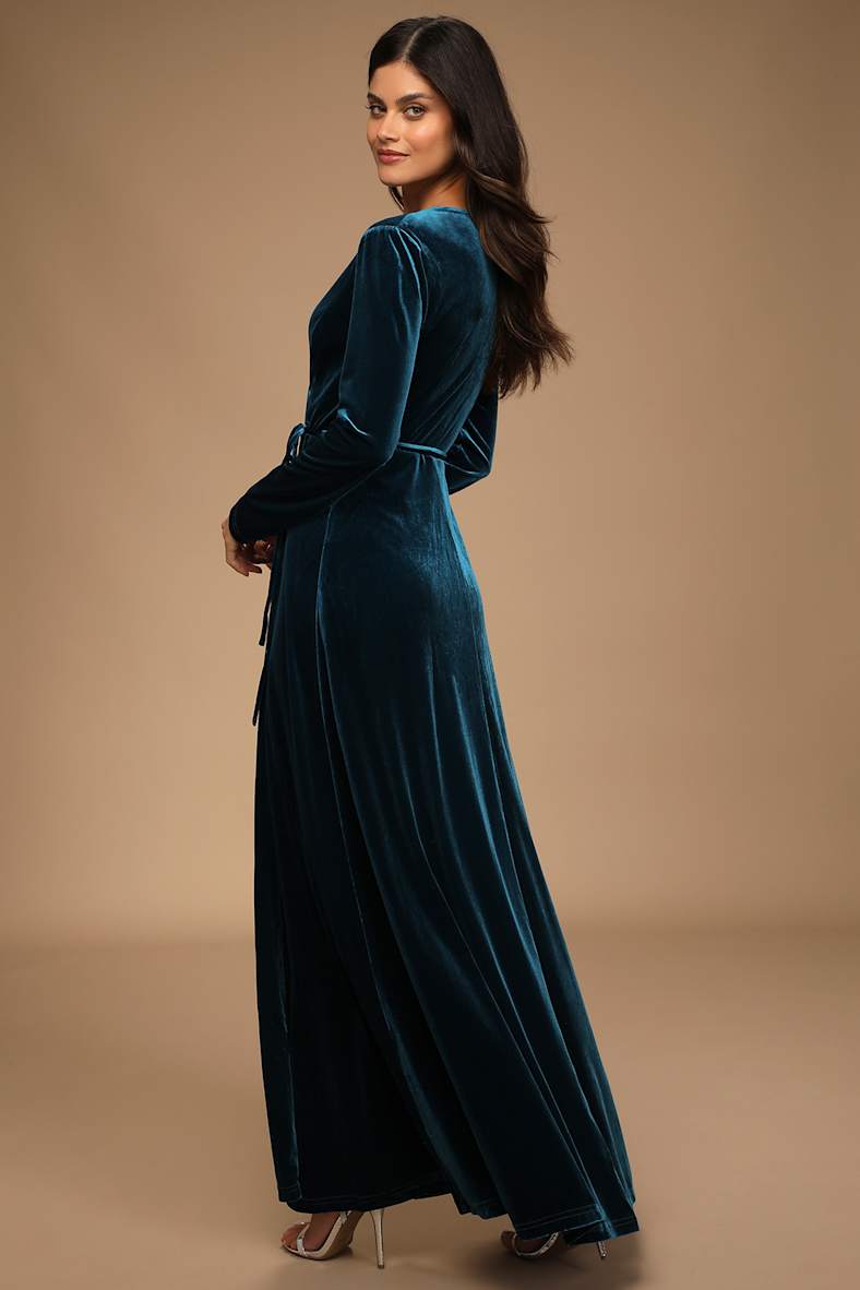 Jacinda Teal Blue Velvet Wrap Maxi Dress