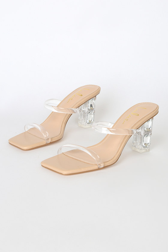 Claudioo Light Nude Vinyl Square Toe High Heel Sandals 3