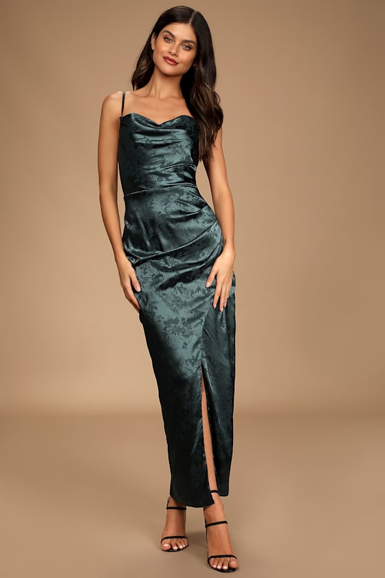 Under the Moonlight Emerald Green Satin Jacquard Maxi Dress 5