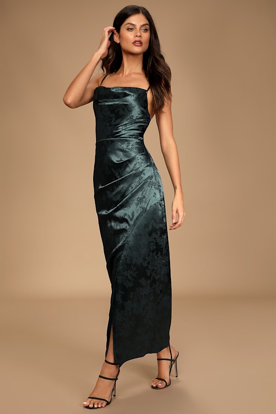Under the Moonlight Emerald Green Satin Jacquard Maxi Dress 6