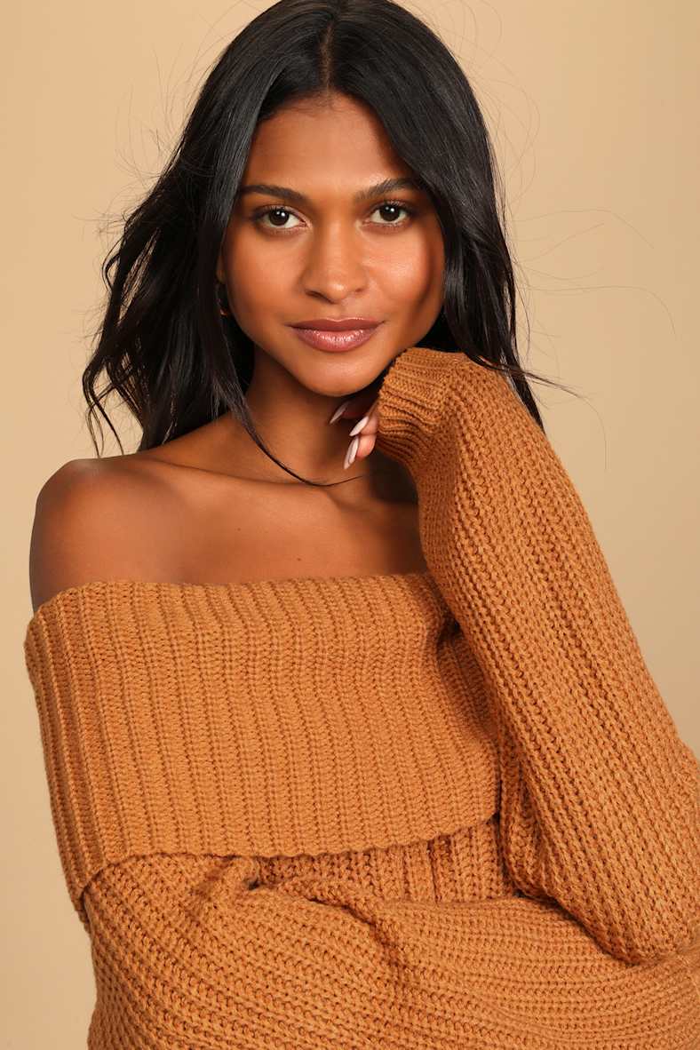 Carmichael Light Brown Off-the-Shoulder Knit Sweater
