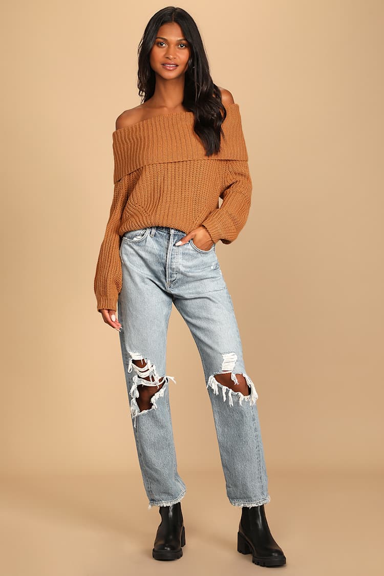 Carmichael Light Brown Off-the-Shoulder Knit Sweater