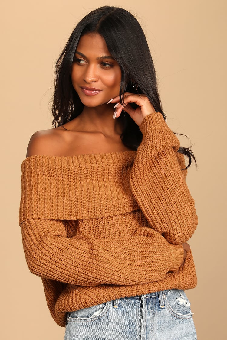 Carmichael Light Brown OfftheShoulder Knit Sweater