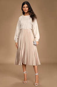 Pleat and Greet Champagne Pleated Satin Midi Skirt 4