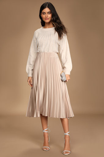 Pleat and Greet Champagne Pleated Satin Midi Skirt 4