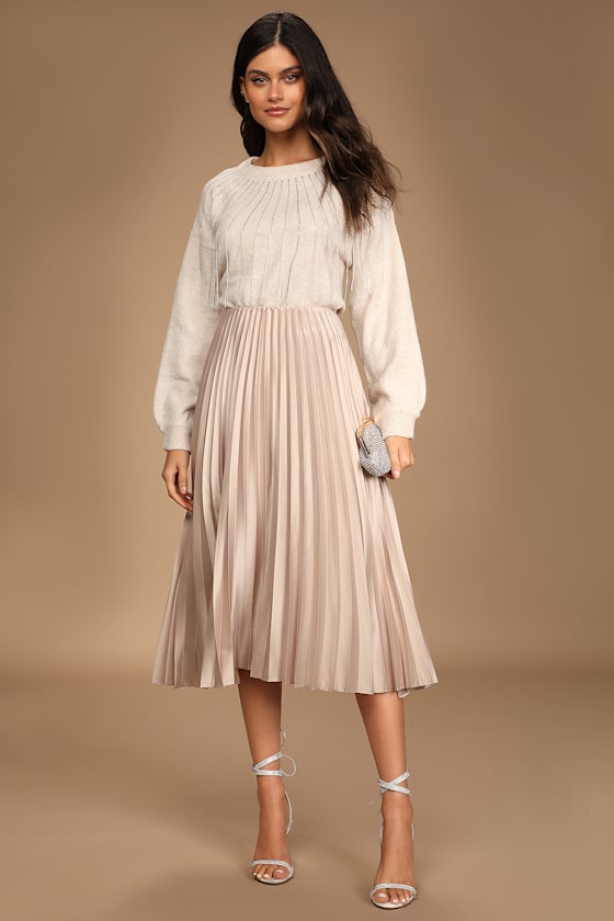 Pleat and Greet Champagne Pleated Satin Midi Skirt 4