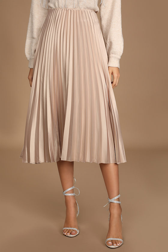 Pleat and Greet Champagne Pleated Satin Midi Skirt 3
