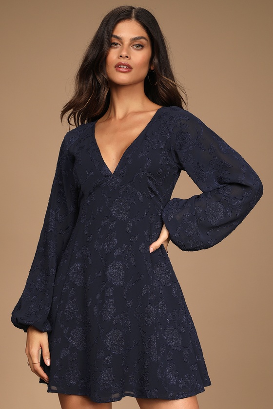 Chic Ways Navy Blue Jacquard Long Sleeve Mini Dress