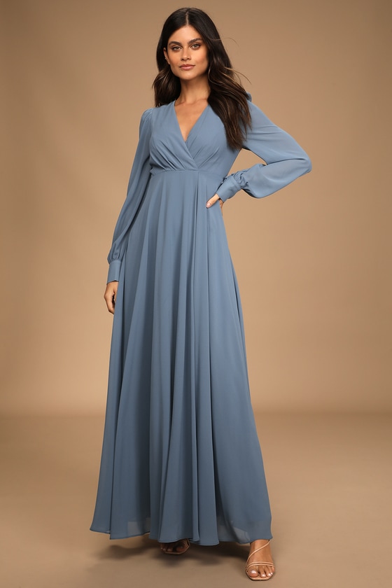 Slate Blue Dress - Long Sleeve Maxi Dress - Surplice Maxi Dress - Lulus