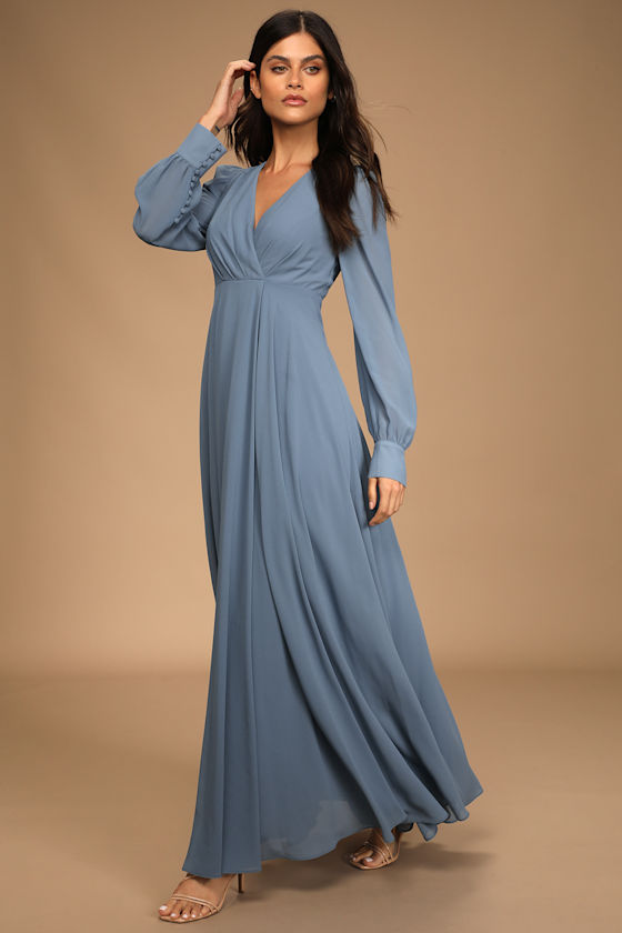Romance Ready Slate Blue Long Sleeve Maxi Dress 2