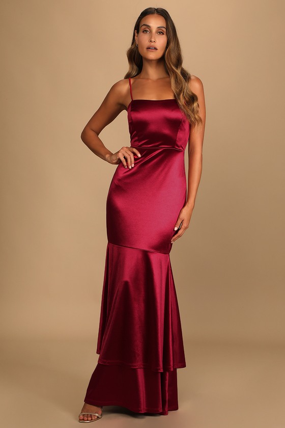 Lulus | Contemporary Romance Red Satin Tiered Mermaid Maxi Dress | Size Large | 100% Polyester