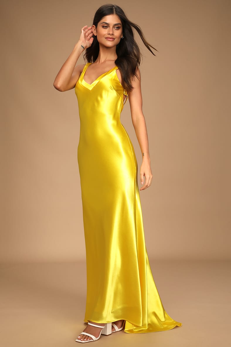 Perfectly Classy Yellow Satin Strappy Maxi Dress