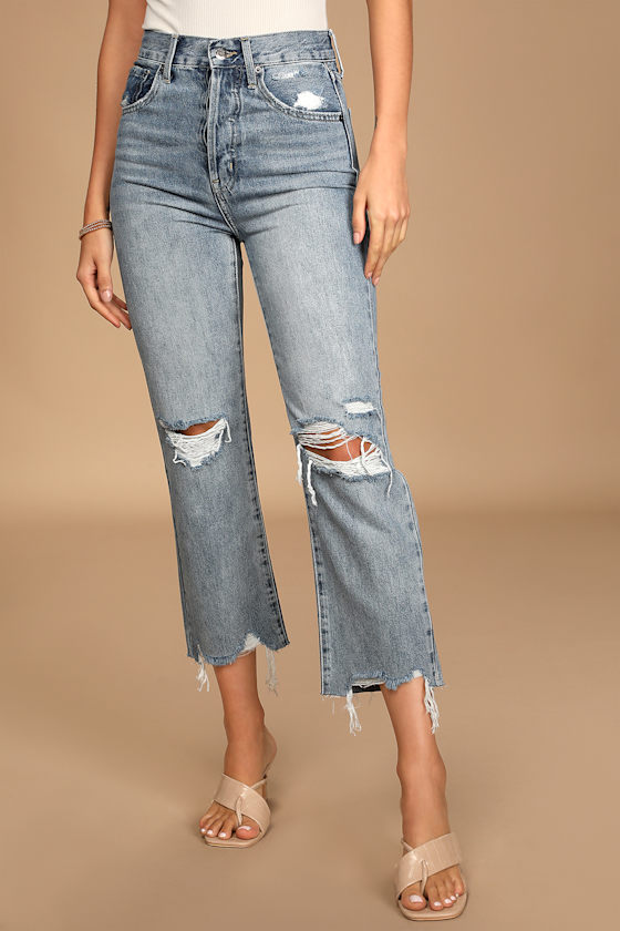 Cassie Light Wash Distressed Super High Rise Straight Crop Jeans 5