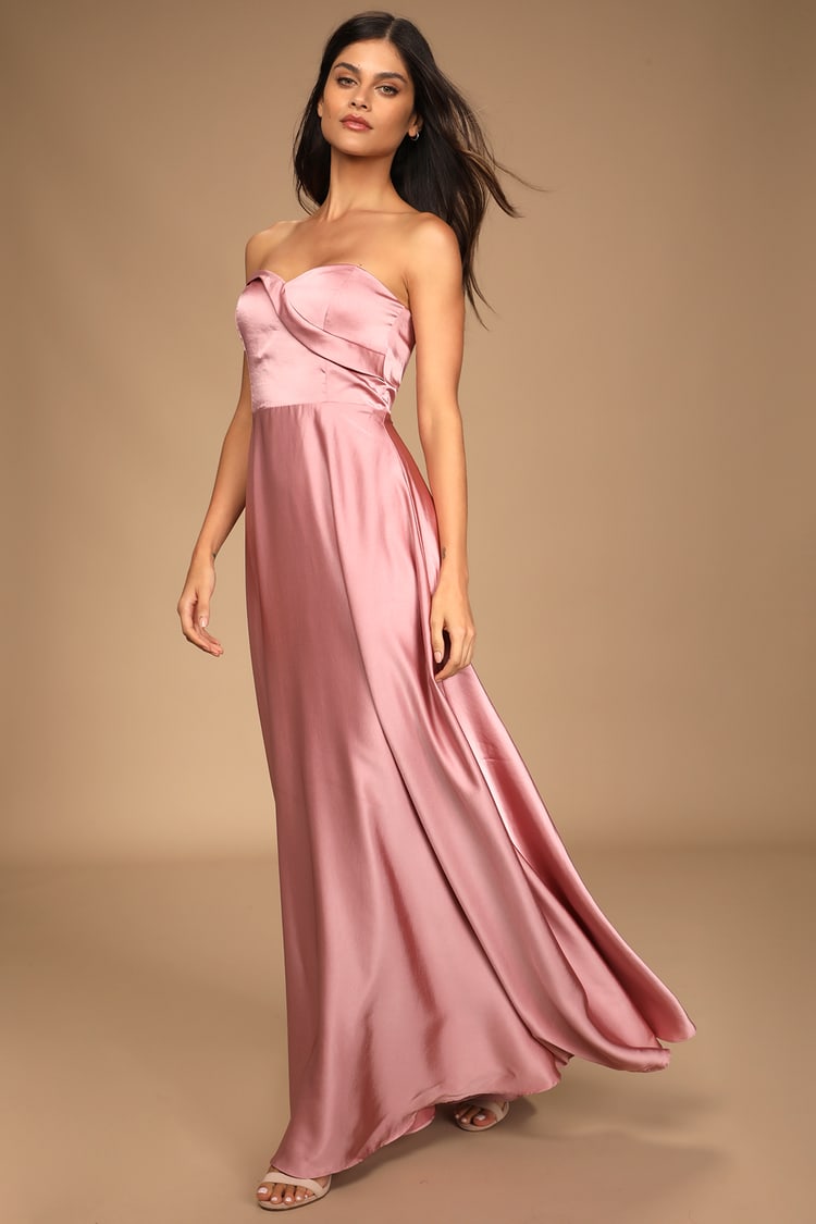 Real Romantic Light Rose Satin Strapless Maxi Dress