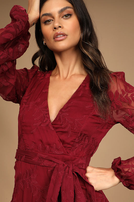 Spectacular Feeling Burgundy Embroidered Faux Wrap Midi Dress 9